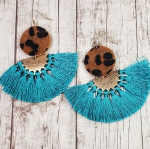 Teal turquoise fan tassel leopard earrings